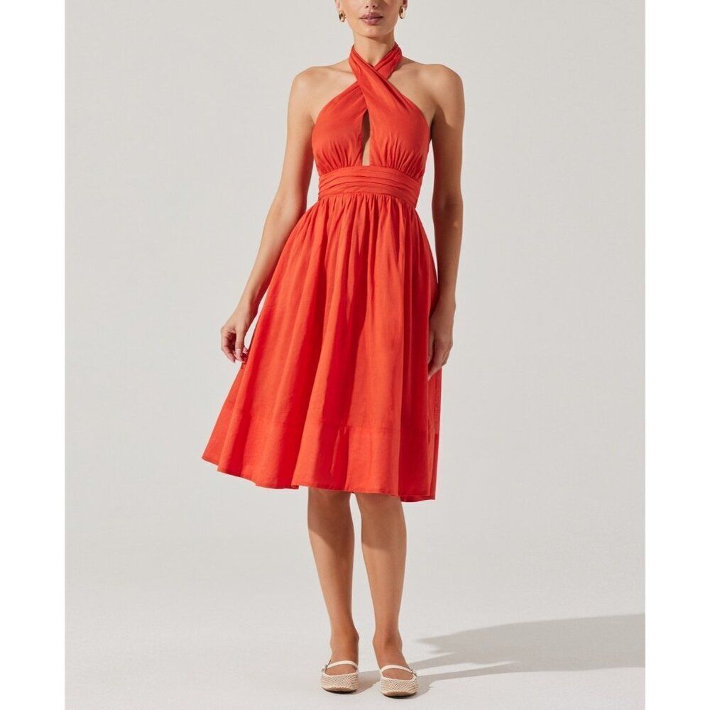 ASTR The Label Womens Dress Fit & Flare XL Orange Kalia Halter Neck Keyhole NWT